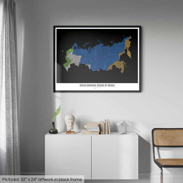 Russia - Ocean drainage basin map, black v1 - Framed Print