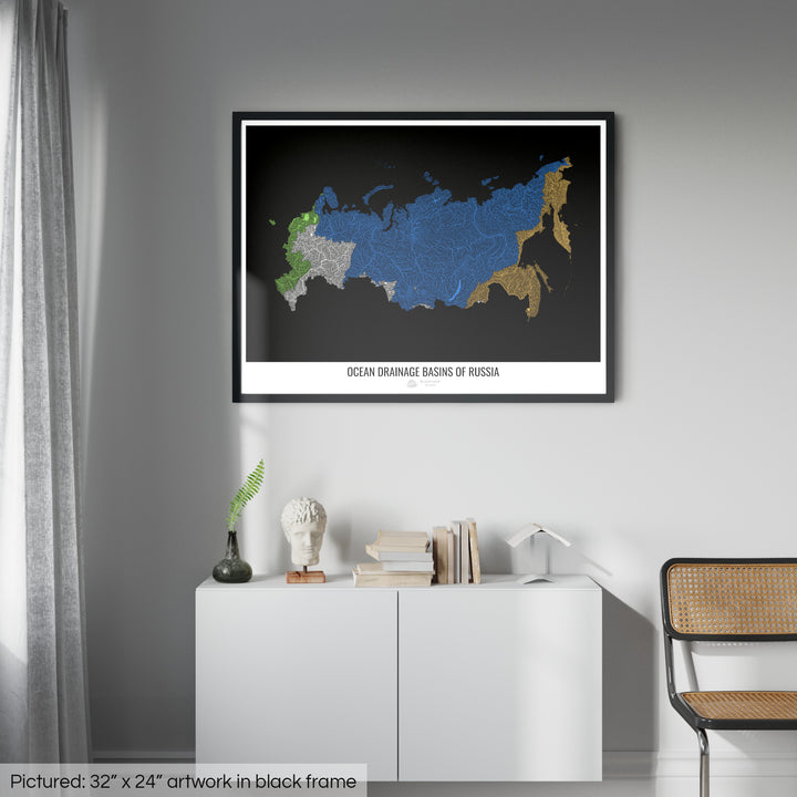 Rússia - Mapa da bacia de drenagem oceânica, preto v1 - Impressão emoldurada