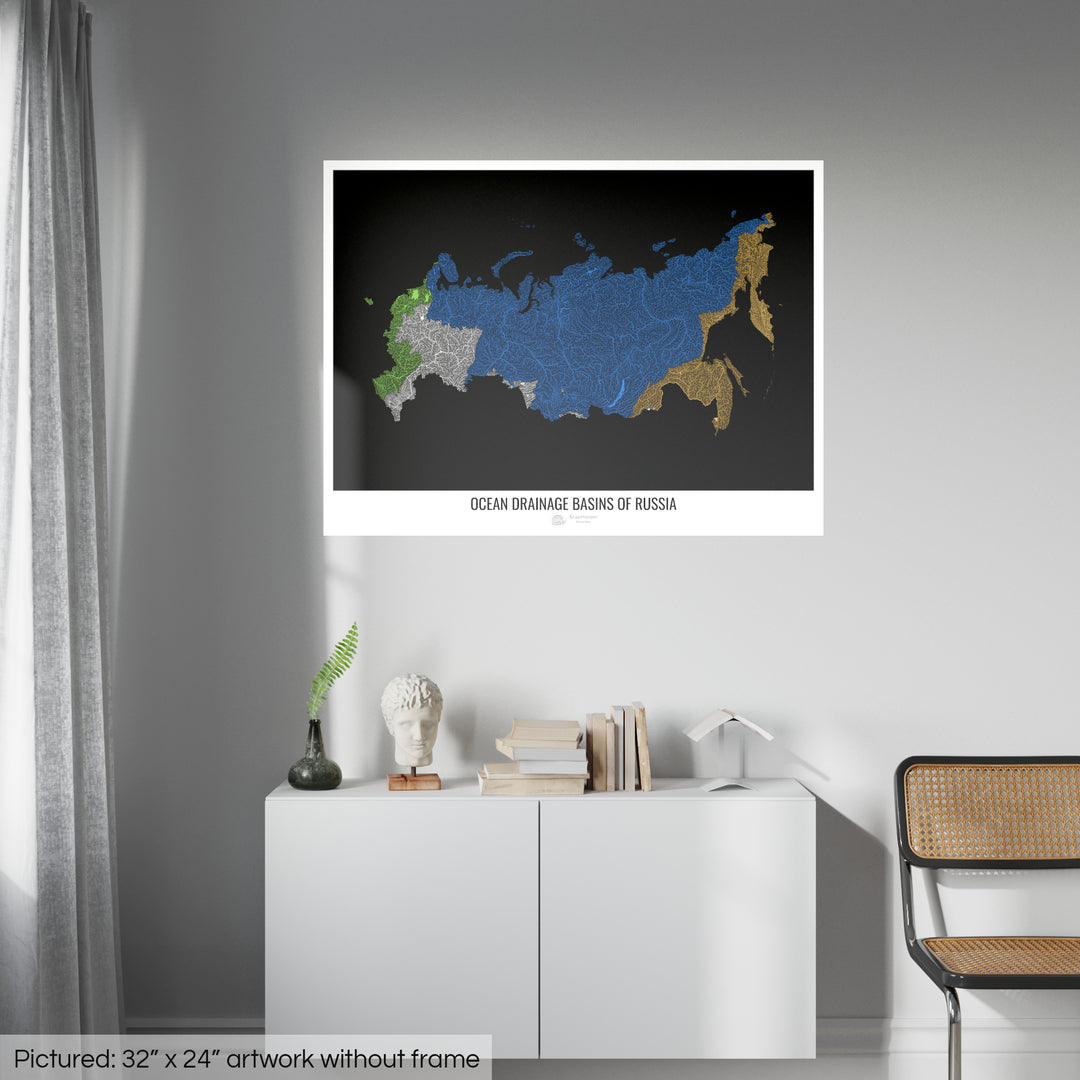 Russie - Carte des bassins hydrographiques océaniques, noir v1 - Tirage photo artistique