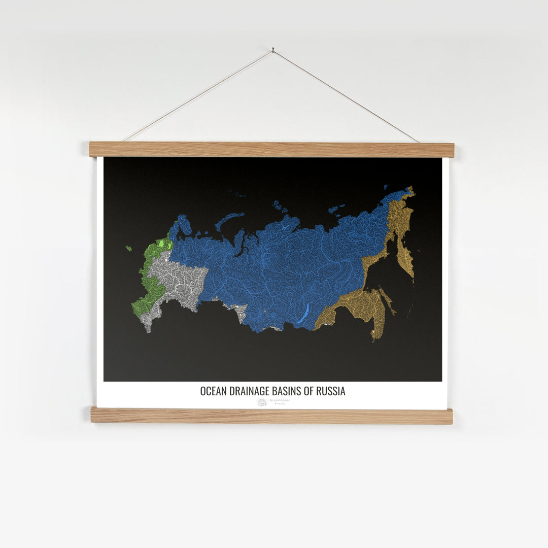 Russie - Carte des bassins hydrographiques océaniques, noir v1 - Tirage d'art avec cintre