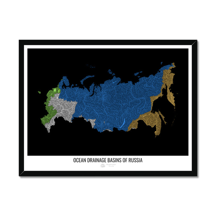 Rússia - Mapa da bacia de drenagem oceânica, preto v1 - Impressão emoldurada