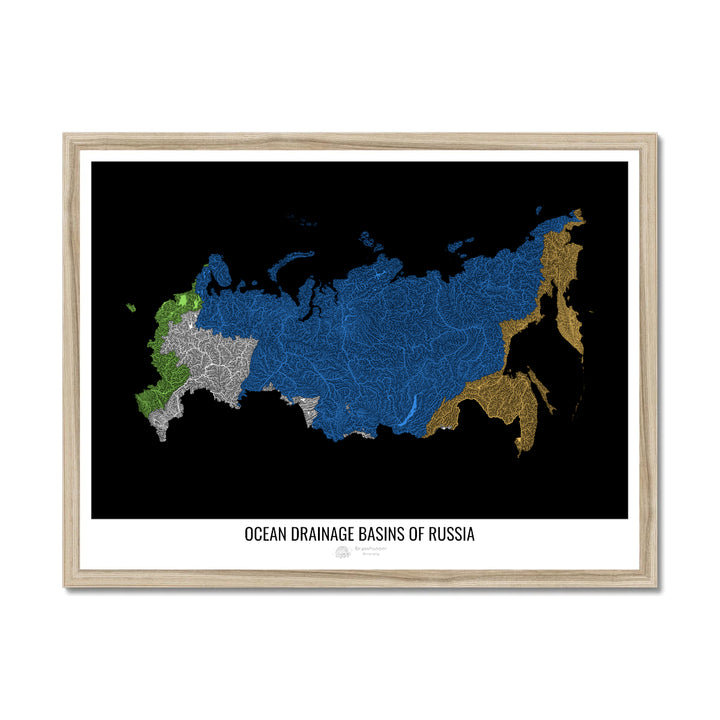 Rússia - Mapa da bacia de drenagem oceânica, preto v1 - Impressão emoldurada