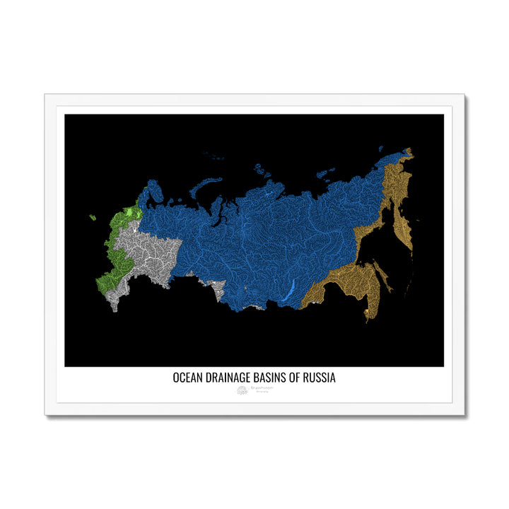 Rússia - Mapa da bacia de drenagem oceânica, preto v1 - Impressão emoldurada
