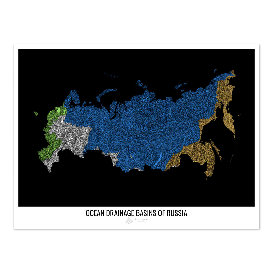 Россия - Карта океанического водосборного бассейна, черная, версия 1 - Художественная печать