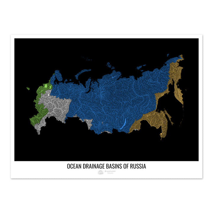 Россия - Карта океанического водосборного бассейна, черная, версия 1 - Художественная печать