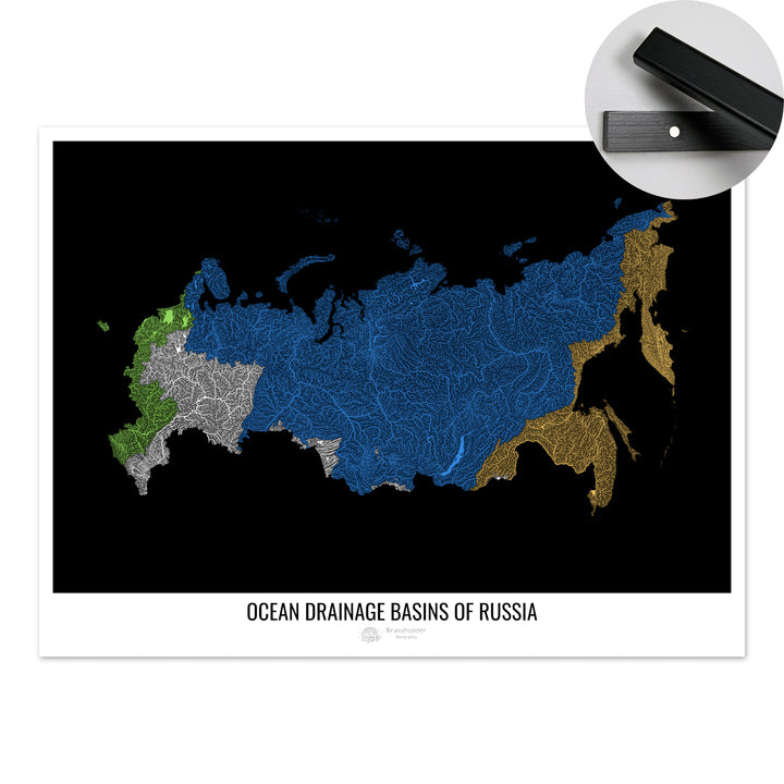 Rusia - Mapa de la cuenca hidrográfica del océano, negro v1 - Impresión artística con colgador