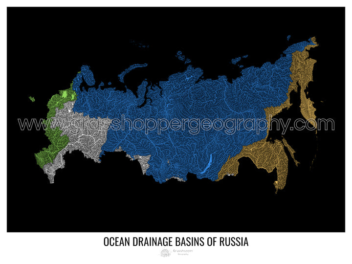 Россия - Карта океанического водосборного бассейна, черная, версия 1 - Художественная печать