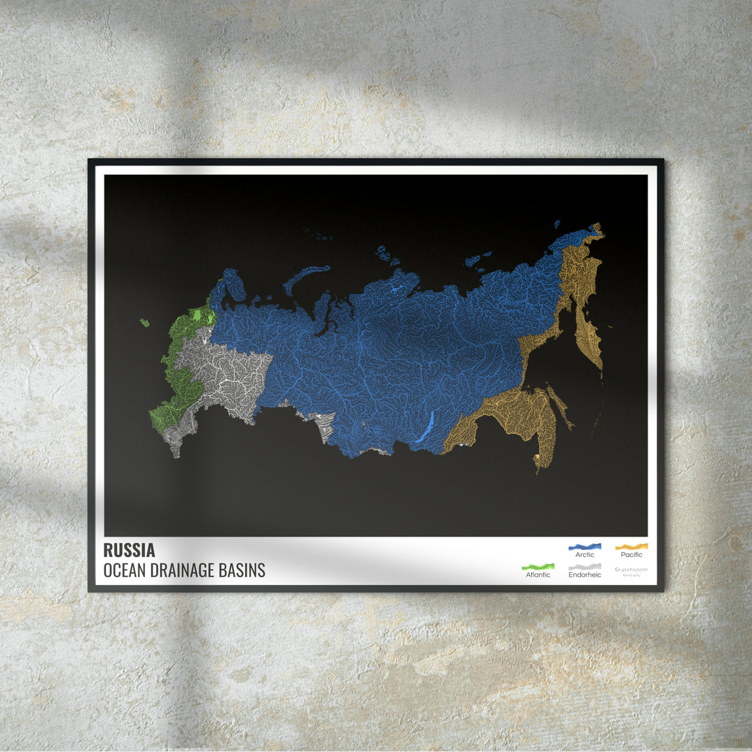 Russie - Carte des bassins hydrographiques océaniques, noire avec légende v1 - Fine Art Print