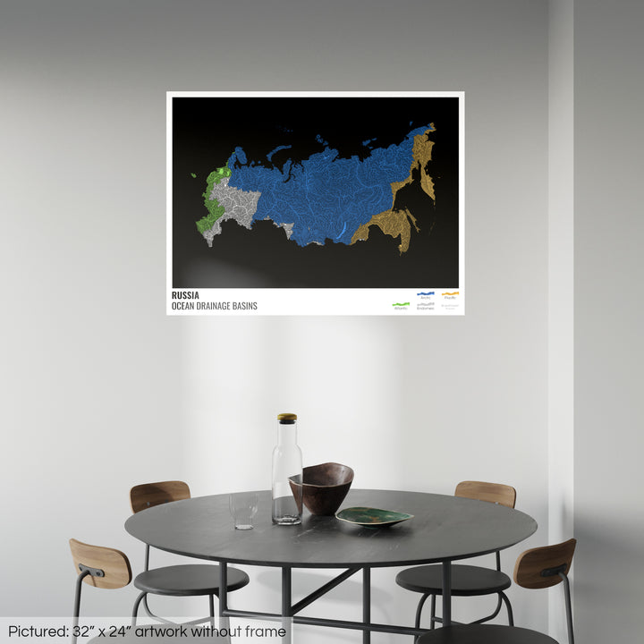 Russie - Carte des bassins hydrographiques océaniques, noire avec légende v1 - Tirage photo artistique