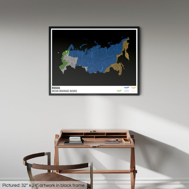 Rússia - Mapa da bacia de drenagem oceânica, preto com legenda v1 - Impressão emoldurada