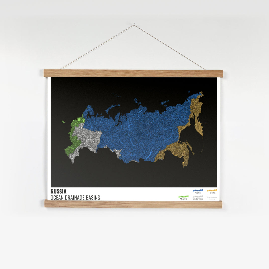 Rusia - Mapa de la cuenca hidrográfica del océano, negro con leyenda v1 - Impresión artística con colgador