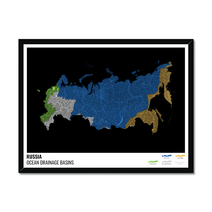 Rússia - Mapa da bacia de drenagem oceânica, preto com legenda v1 - Impressão emoldurada