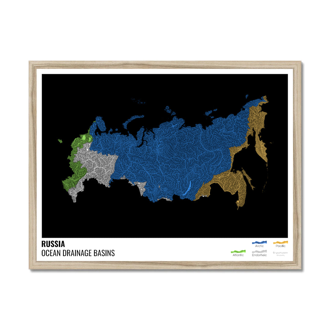 Rusia - Mapa de la cuenca hidrográfica del océano, negro con leyenda v1 - Lámina enmarcada