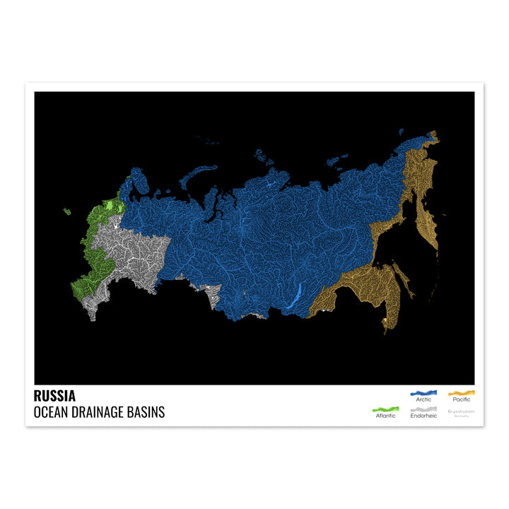 Russie - Carte des bassins hydrographiques océaniques, noire avec légende v1 - Fine Art Print