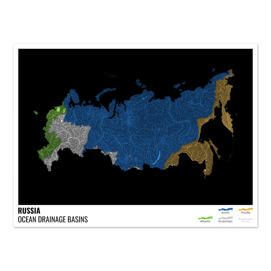 Russie - Carte des bassins hydrographiques océaniques, noire avec légende v1 - Tirage photo artistique