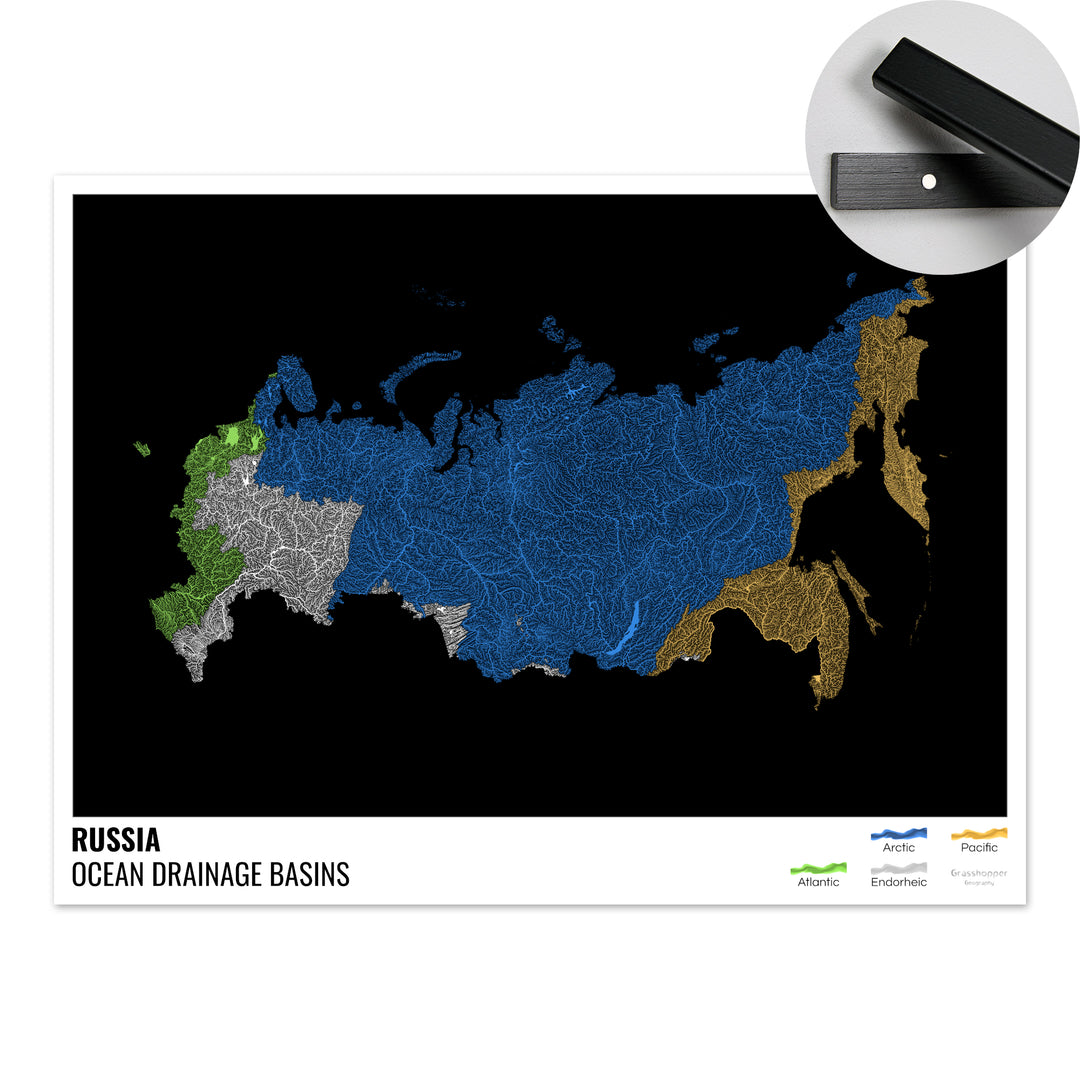 Rusia - Mapa de la cuenca hidrográfica del océano, negro con leyenda v1 - Impresión artística con colgador