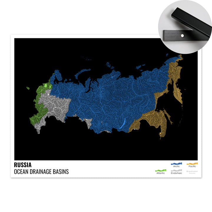 Russie - Carte des bassins hydrographiques océaniques, noire avec légende v1 - Tirage d'art avec cintre