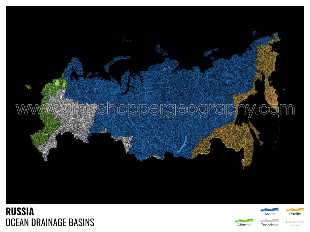 Russie - Carte des bassins hydrographiques océaniques, noire avec légende v1 - Fine Art Print