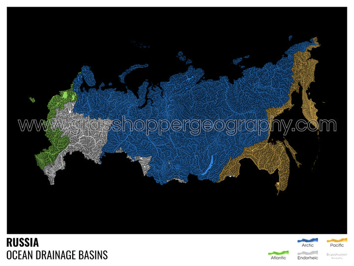 ロシア - 海洋排水流域地図、黒、凡例付き v1 - ファインアートプリント