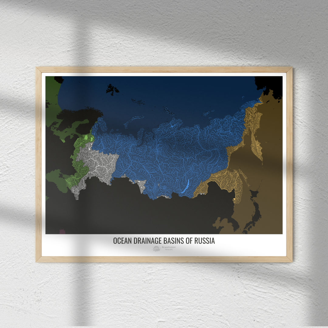 Россия - Карта океанического водосборного бассейна, черная версия 2 - Fine Art Print