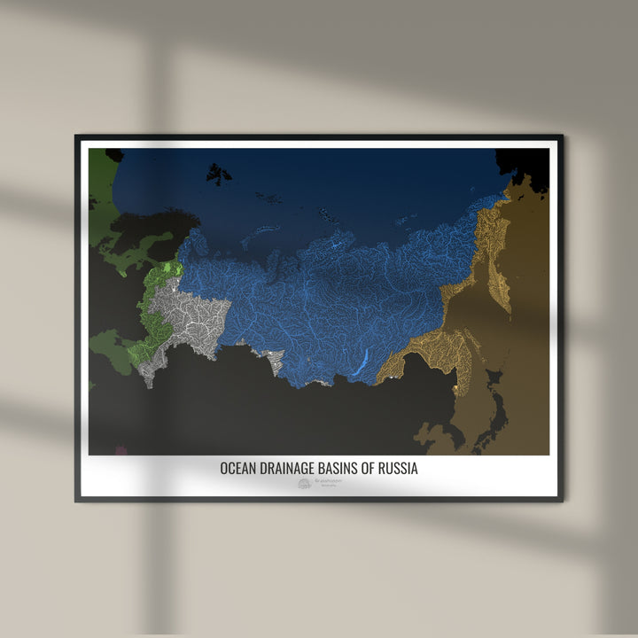俄罗斯 - 海洋流域地图，黑色 v2 - 摄影艺术印刷