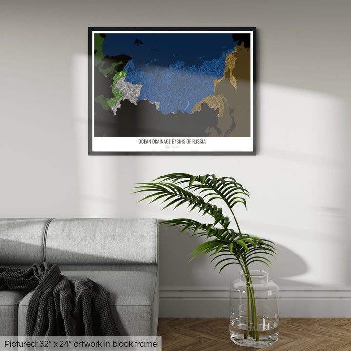 Rússia - Mapa da bacia de drenagem oceânica, preto v2 - Impressão emoldurada
