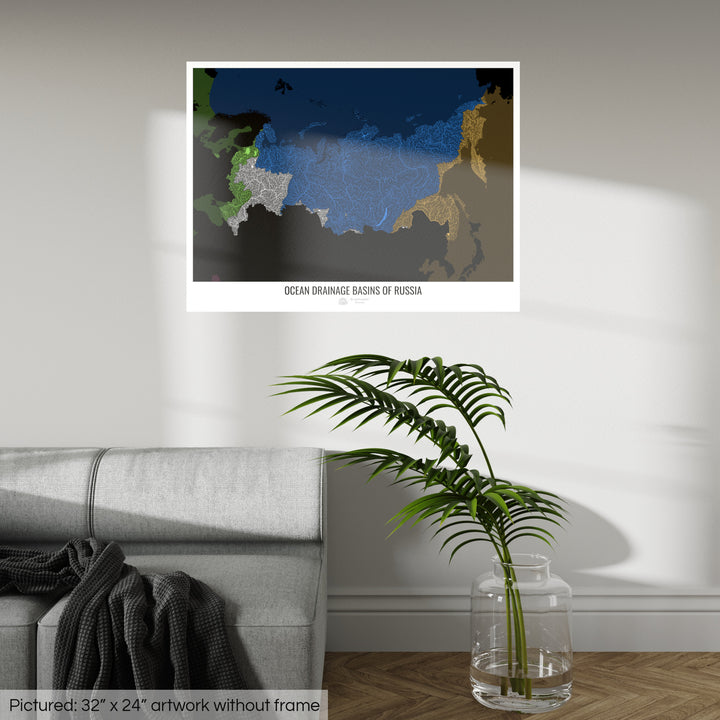 Россия - Карта океанического водосборного бассейна, черная версия 2 - Fine Art Print