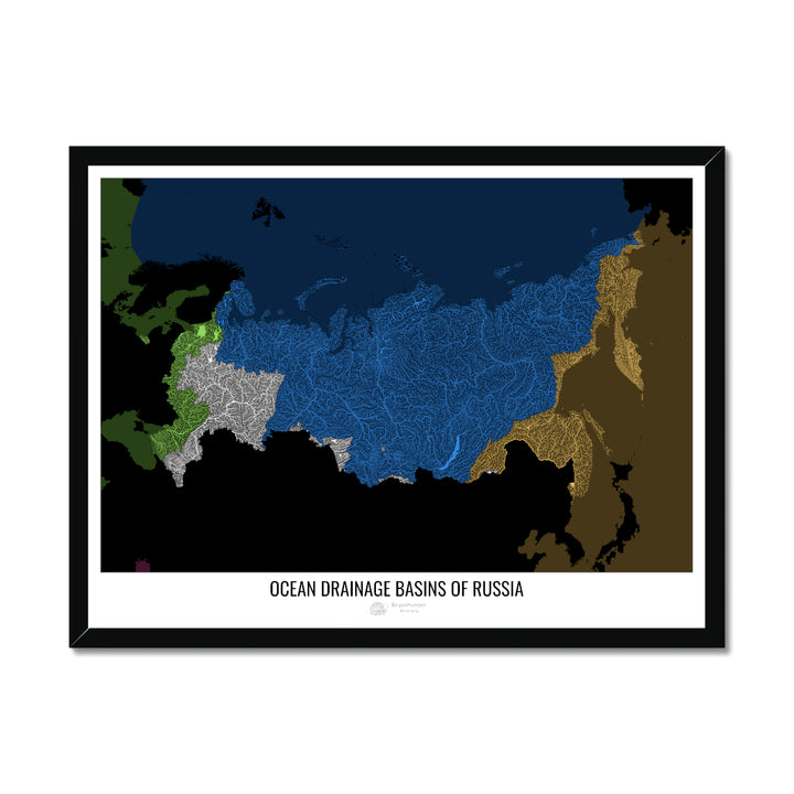 Rússia - Mapa da bacia de drenagem oceânica, preto v2 - Impressão emoldurada