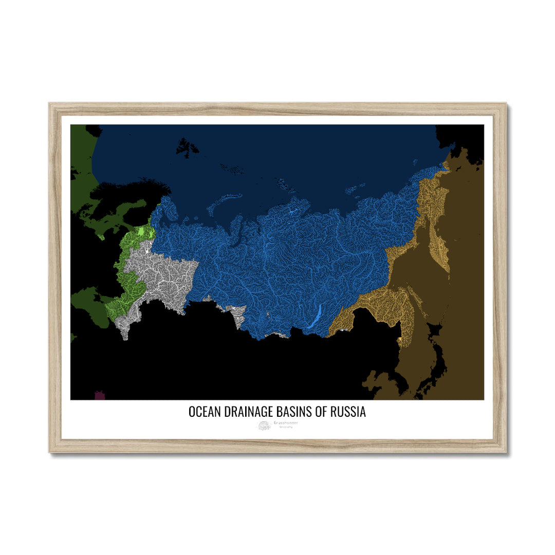 Russie - Carte des bassins hydrographiques océaniques, noir v2 - Impression encadrée