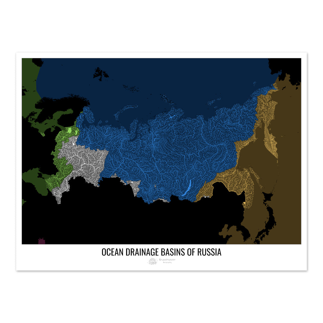 Россия - Карта океанического водосборного бассейна, черная версия 2 - Fine Art Print