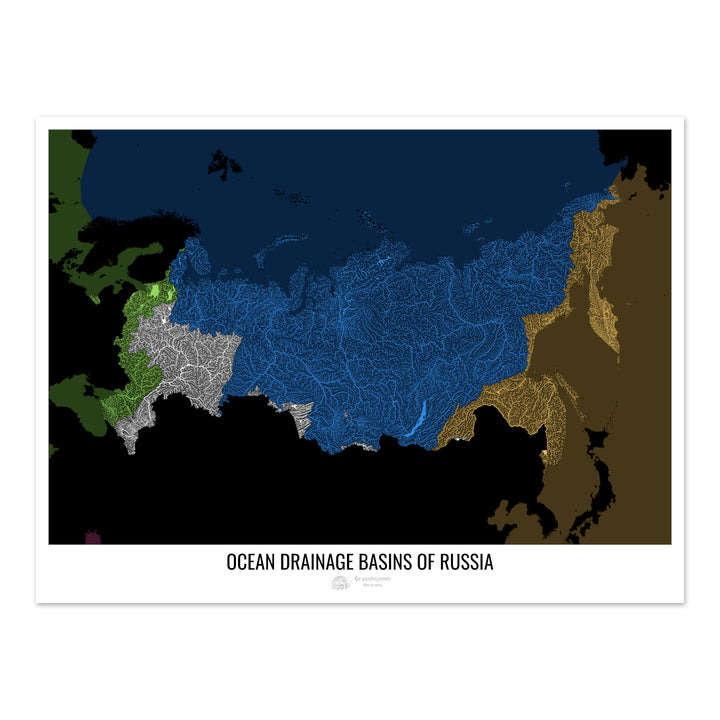 Россия - Карта океанического водосборного бассейна, черная версия 2 - Fine Art Print