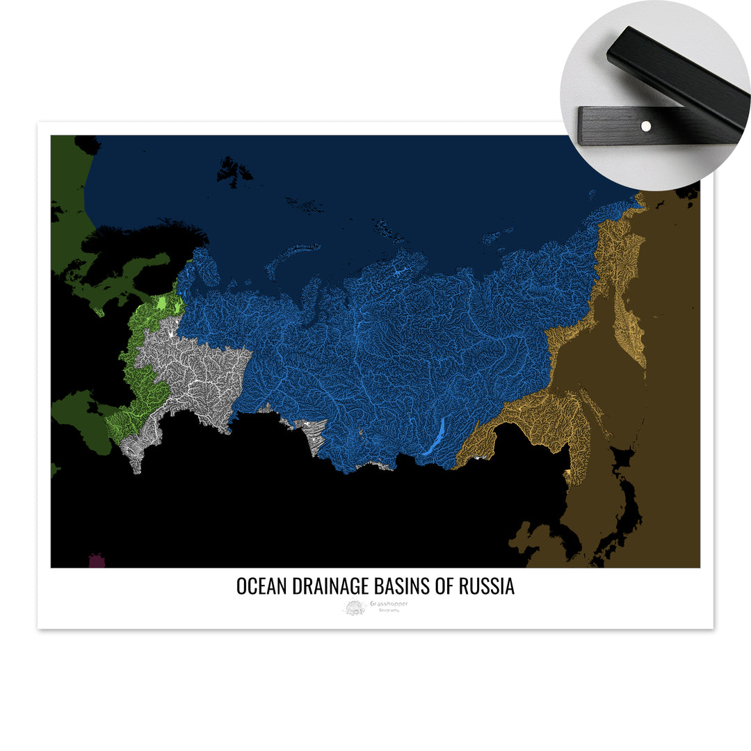 Russie - Carte des bassins versants océaniques, noir v2 - Tirage d'art avec cintre