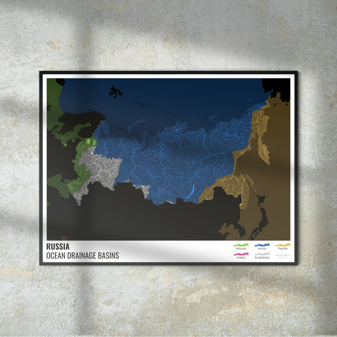 Russie - Carte des bassins hydrographiques océaniques, noire avec légende v2 - Fine Art Print