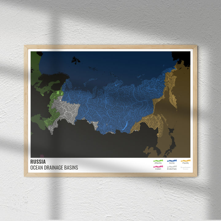 Rusia - Mapa de la cuenca hidrográfica del océano, negro con leyenda v2 - Impresión fotográfica