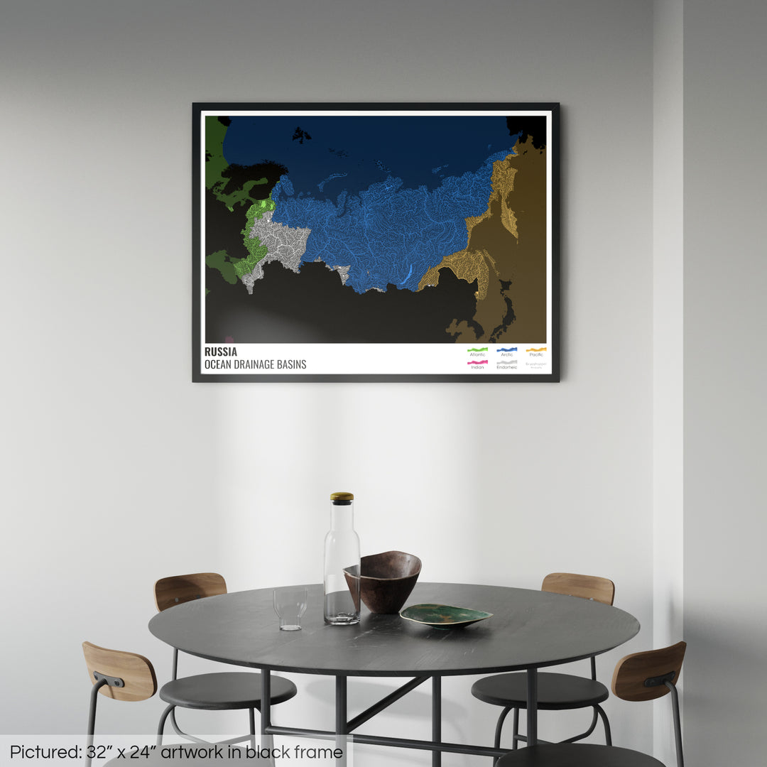 Russia - Ocean drainage basin map, black with legend v2 - Framed Print