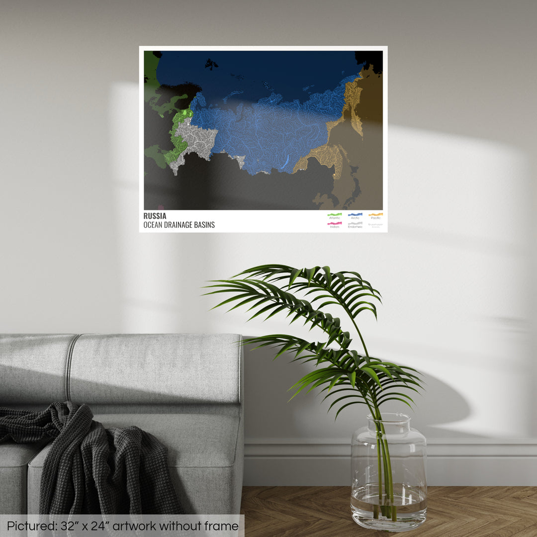 Russie - Carte des bassins hydrographiques océaniques, noire avec légende v2 - Tirage photo artistique