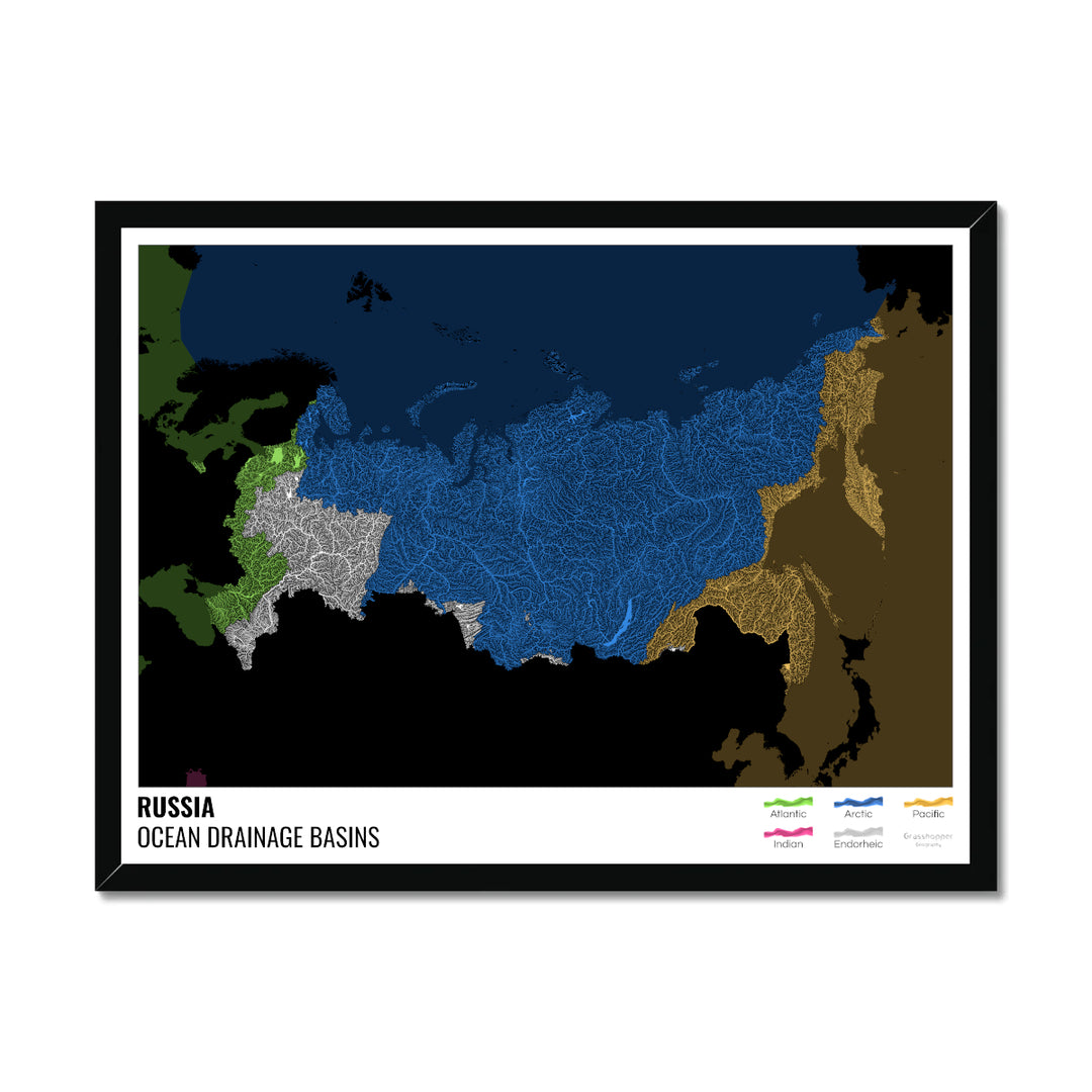Russia - Ocean drainage basin map, black with legend v2 - Framed Print