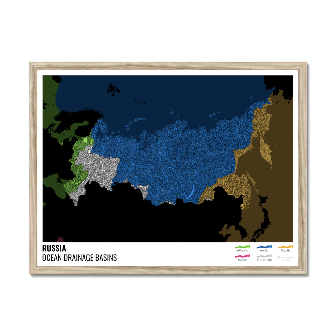 Russia - Ocean drainage basin map, black with legend v2 - Framed Print