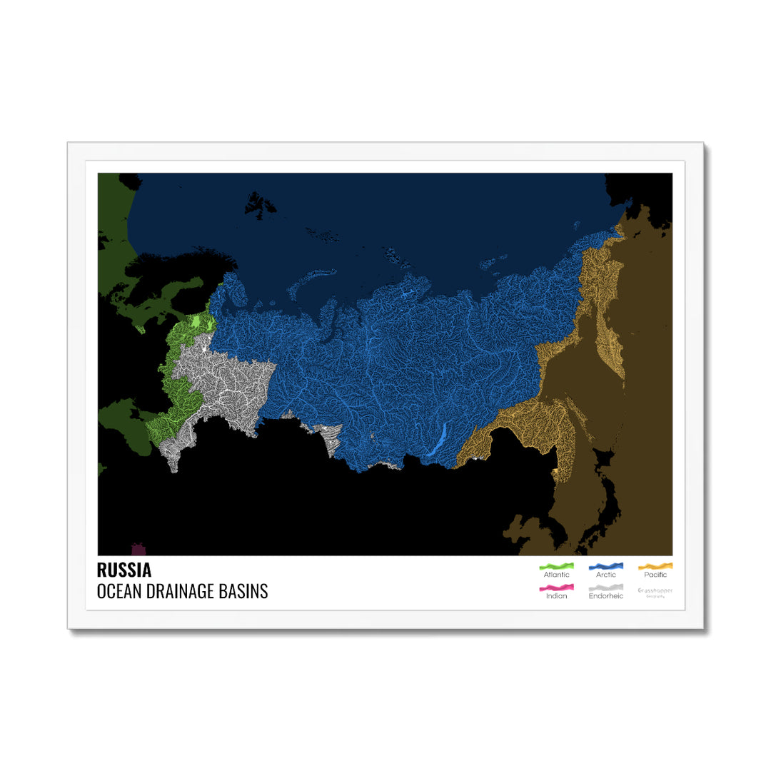Russia - Ocean drainage basin map, black with legend v2 - Framed Print