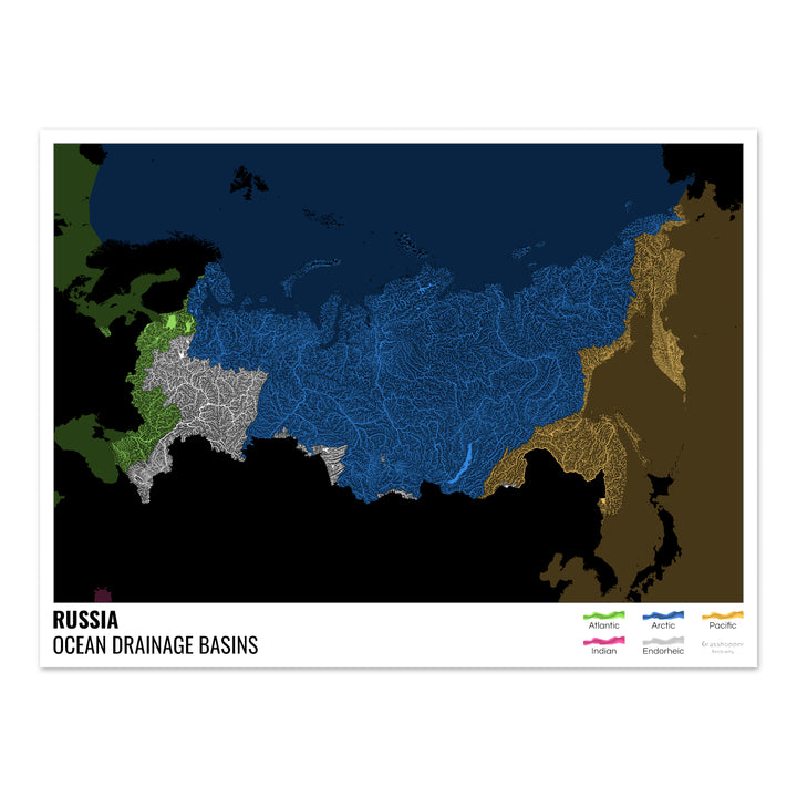 Rusia - Mapa de la cuenca hidrográfica del océano, negro con leyenda v2 - Impresión de bellas artes