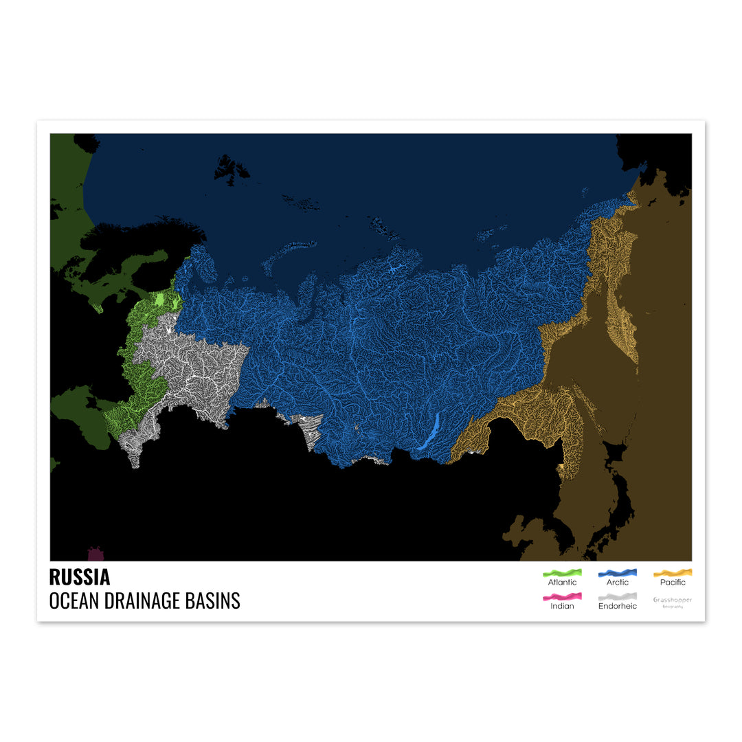 Russie - Carte des bassins hydrographiques océaniques, noire avec légende v2 - Tirage photo artistique