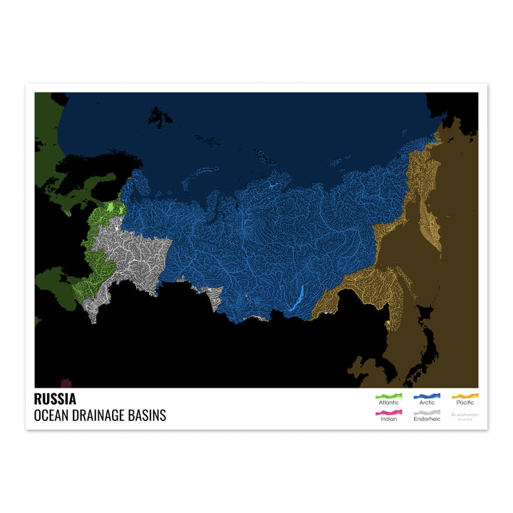 Rusia - Mapa de la cuenca hidrográfica del océano, negro con leyenda v2 - Impresión fotográfica