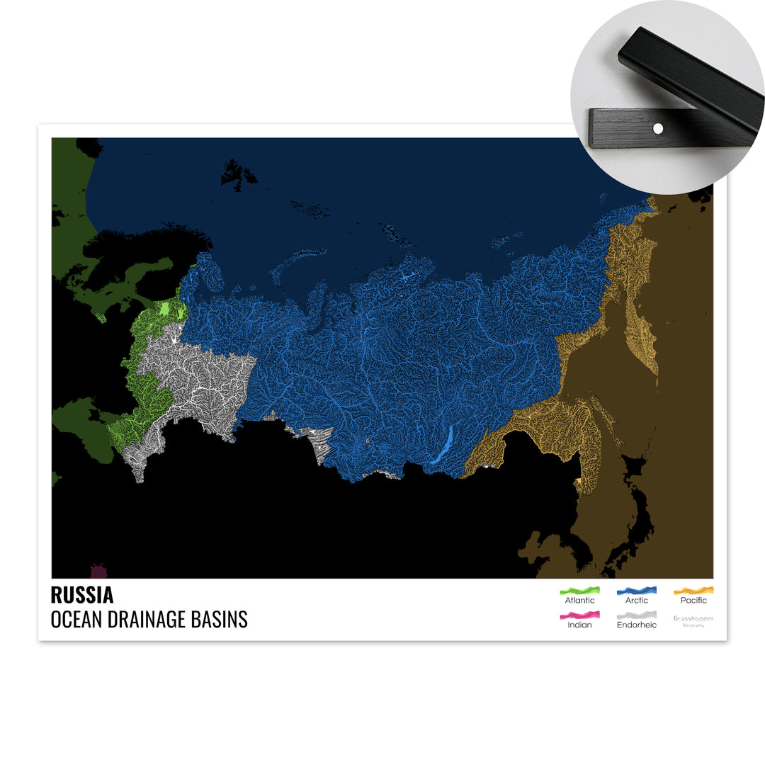 Rusia - Mapa de la cuenca hidrográfica del océano, negro con leyenda v2 - Impresión artística con colgador