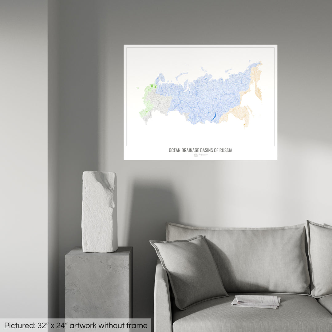 Russie - Carte des bassins hydrographiques océaniques, blanc v1 - Fine Art Print