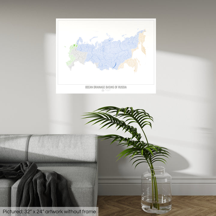 Russie - Carte des bassins hydrographiques océaniques, blanc v1 - Tirage photo artistique