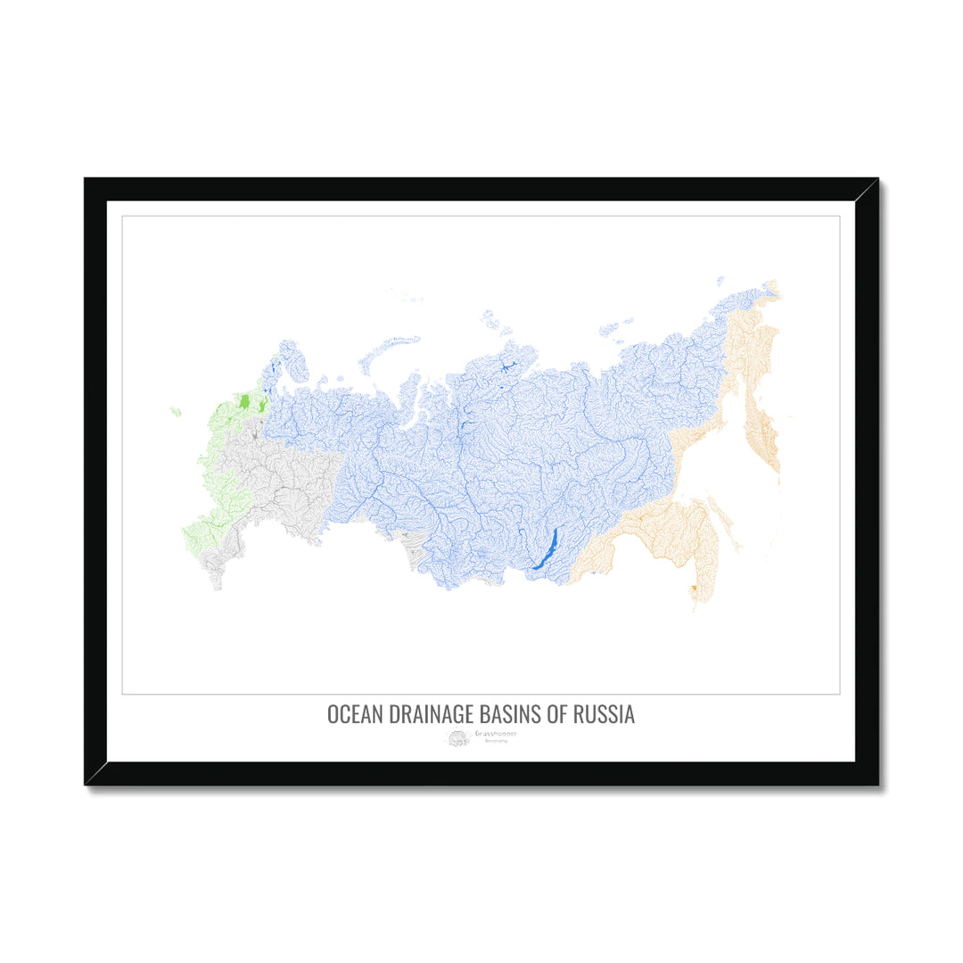 Russia - Ocean drainage basin map, white v1 - Framed Print