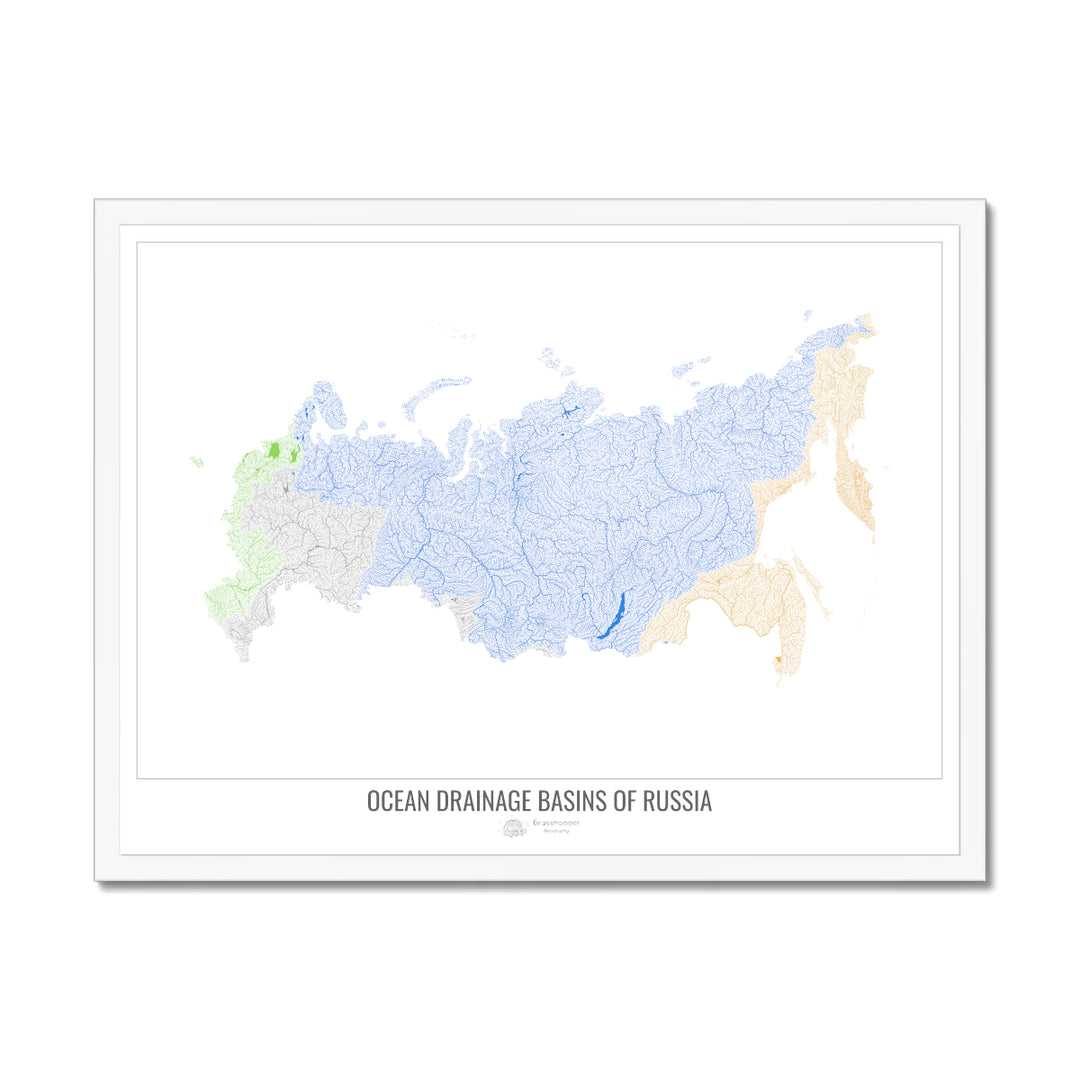 Russia - Ocean drainage basin map, white v1 - Framed Print