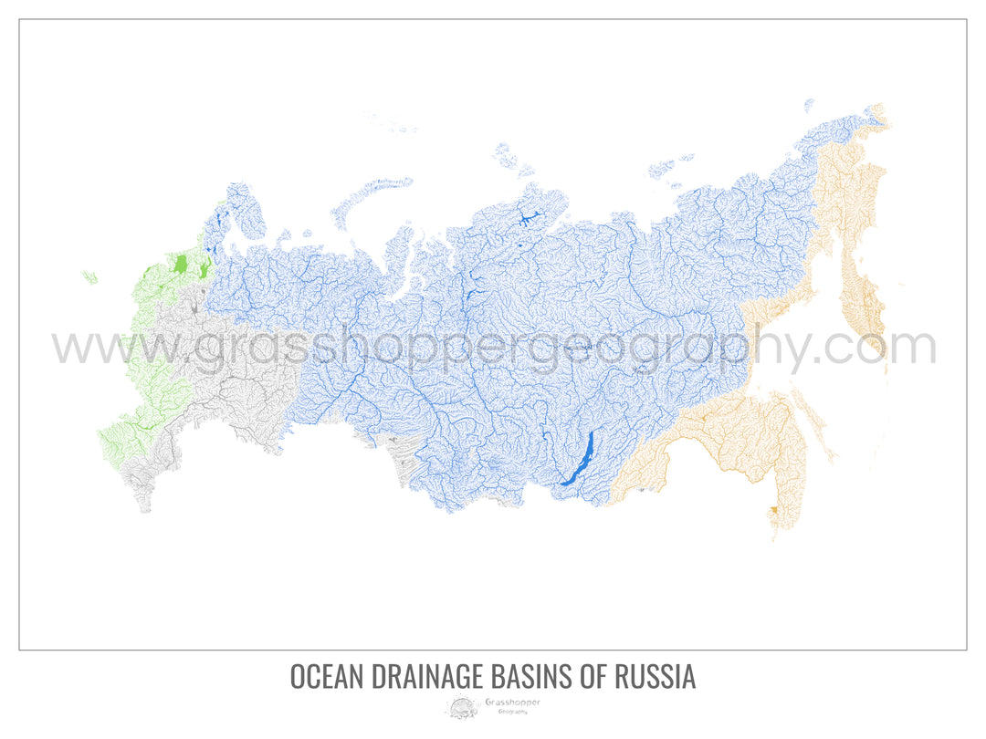 Russie - Carte des bassins hydrographiques océaniques, blanc v1 - Tirage photo artistique