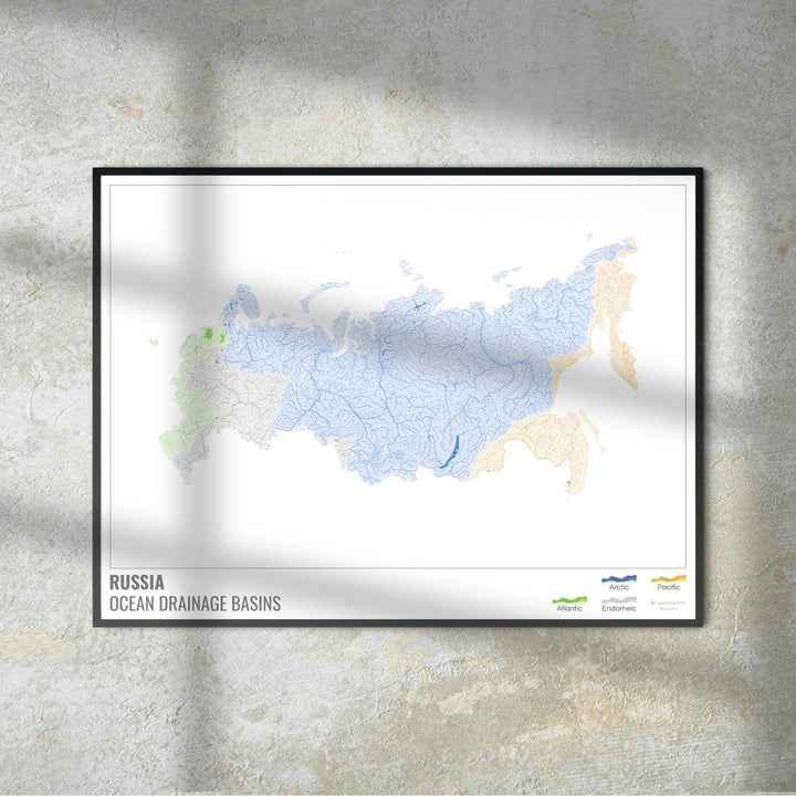 Russie - Carte des bassins hydrographiques océaniques, blanche avec légende v1 - Tirage photo artistique