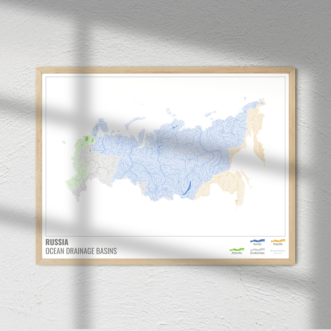 Russie - Carte des bassins hydrographiques océaniques, blanche avec légende v1 - Fine Art Print